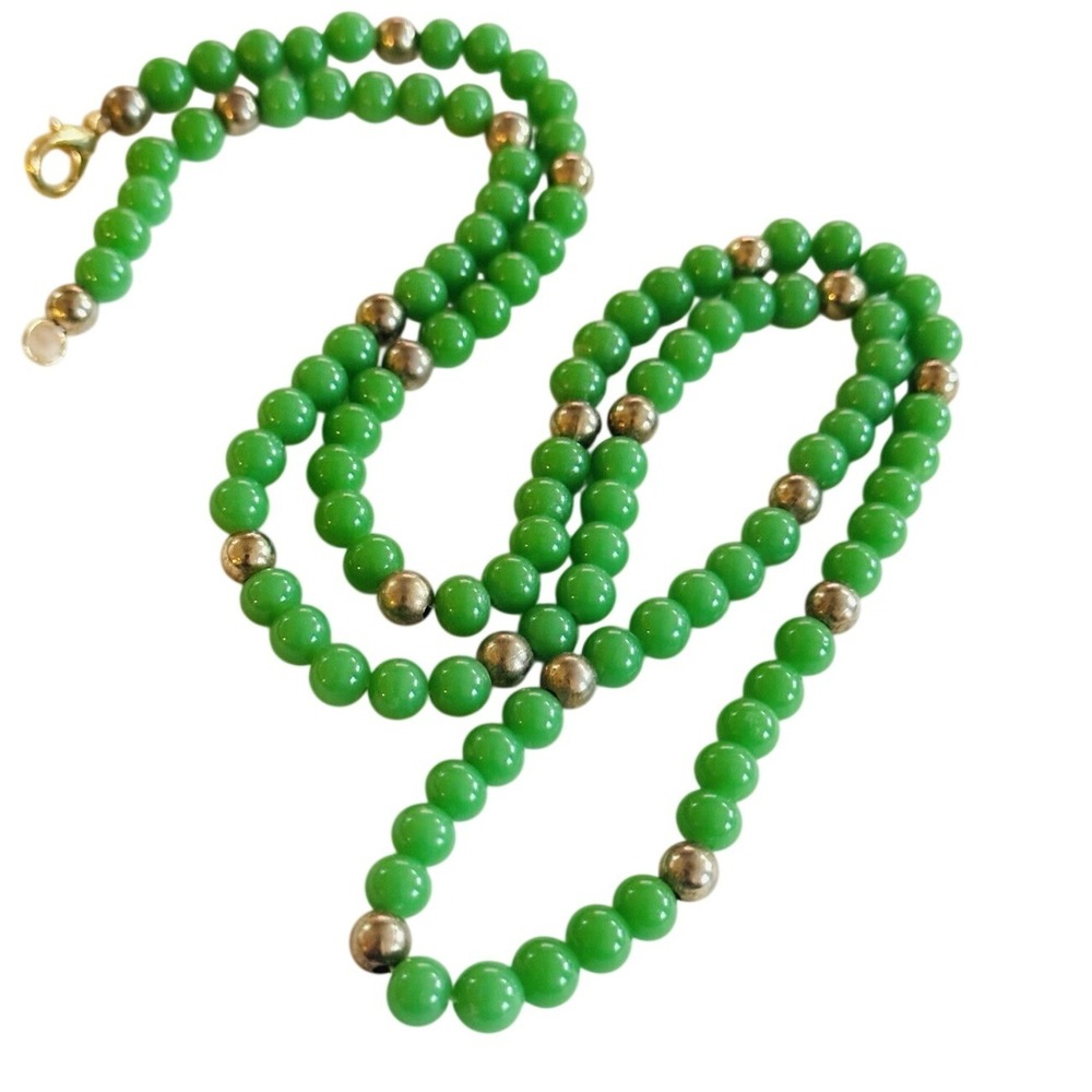 Regal 60s Necklace‎ VTG Green Art Glass Beads Statement Gold Tone Strand MCM 30"